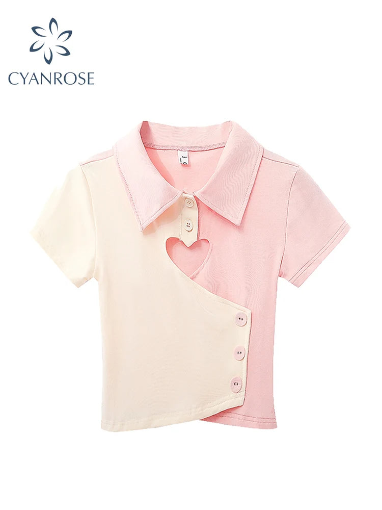 2022 Women T Shirts 90s Girls Sexy Heart Hollow Out Crop Top Aesthetic Casual Vintage Short Sleeve Tee Top Summer Streetwear Y2K