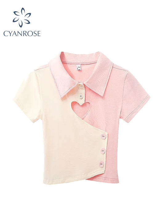 2022 Women T Shirts 90s Girls Sexy Heart Hollow Out Crop Top Aesthetic Casual Vintage Short Sleeve Tee Top Summer Streetwear Y2K