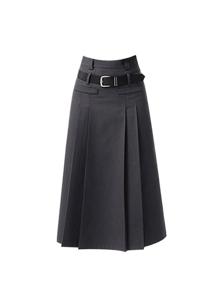 Women Grey Skirts Vintage High Waist Pleated Long Skirt Female 2022 Autumn Japanese Fashion A-Line Skirt College Style Harajuku