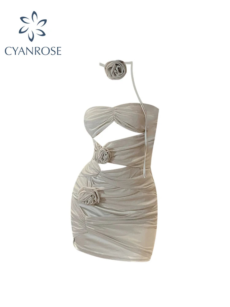 Straps Mini Dress Elegant Fashion Sexy Outfits Night Club Party Summer 2023 Bodycon Sleeveless Hollow Out Rose Dresses Vestidos