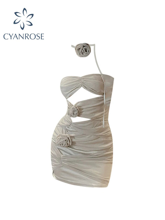 Straps Mini Dress Elegant Fashion Sexy Outfits Night Club Party Summer 2023 Bodycon Sleeveless Hollow Out Rose Dresses Vestidos