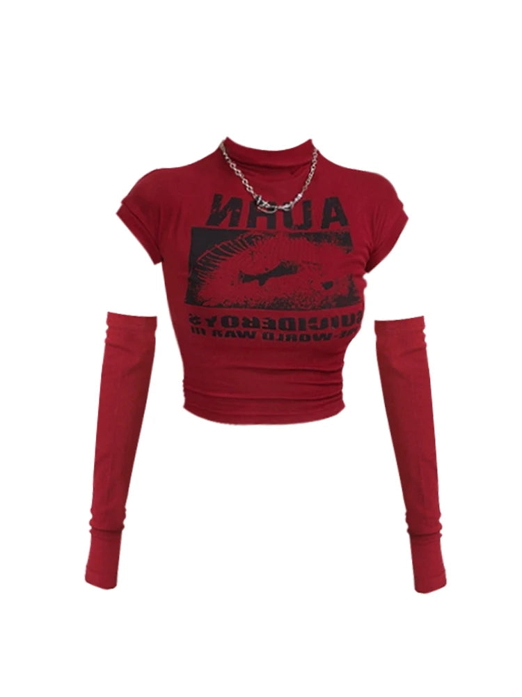 Women's Red Letter Print T-shirt Harajuku Korean Y2k Top 2000s 90s Aesthetic Grunge Vintage Removable Sleeves T-shirts Clothes