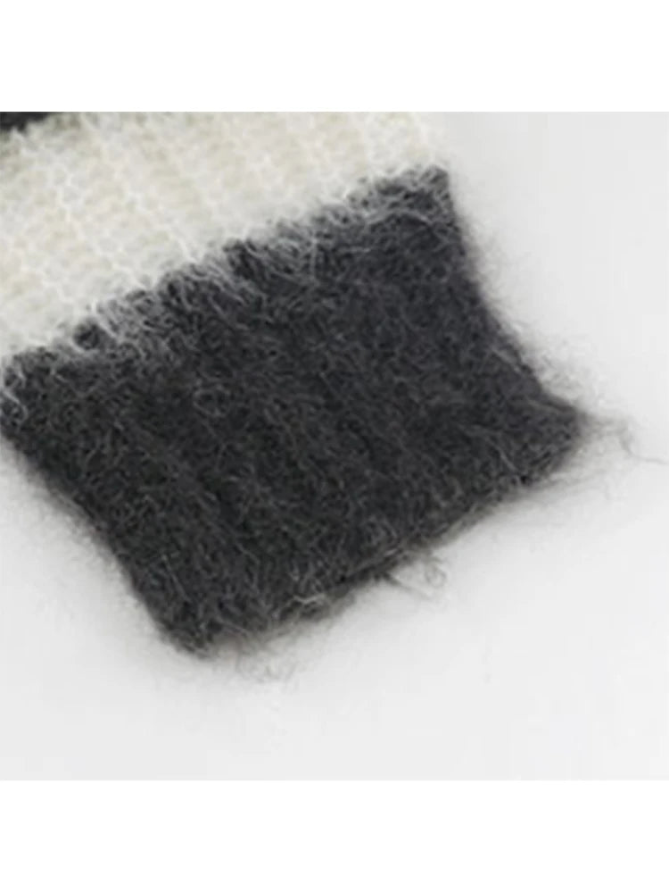 Women Dark Grey Striped Pullover Knit Sweater Harajuku Aesthetic Y2k Long Sleeves Sweaters Elegant Vintage 2000s Fashion Clothes