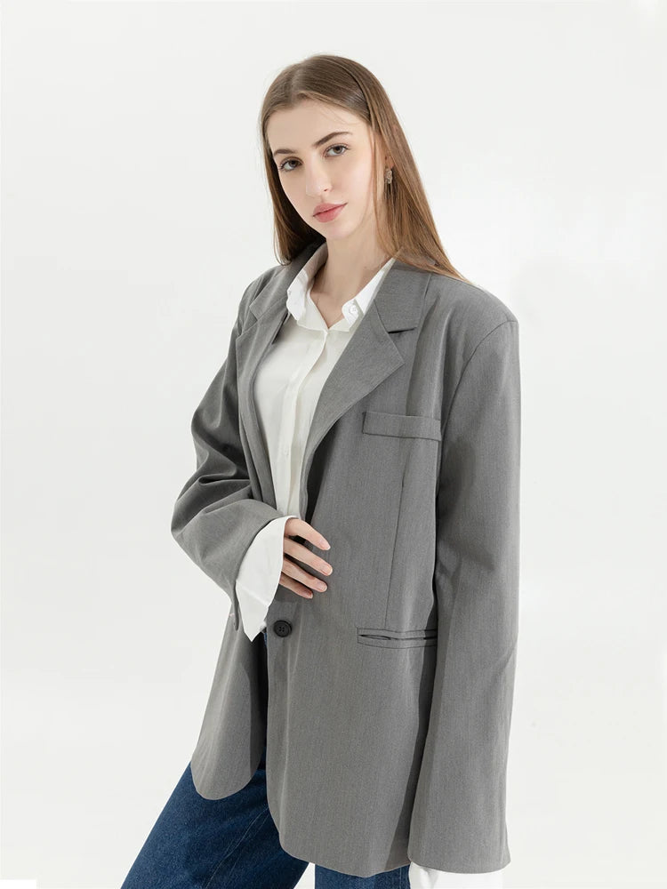 Grey Blazer Coat Women Korean Casual Loose 2022 Autumn Oversized Single-breasted Turndown Collar Long Sleeve Suit Jacket Female