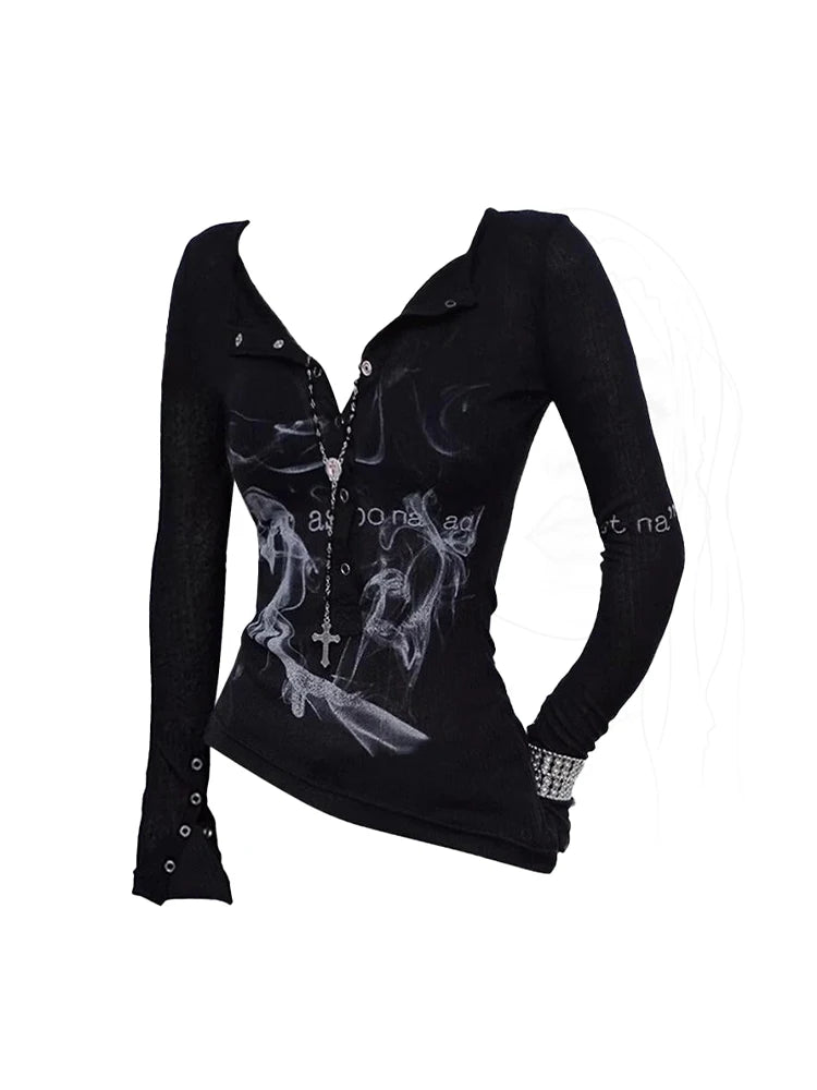 Women Black Gothic T-shirt Harajuku Korean Y2k Tee Top 90s Vintage Long Sleeve Emo Crop Top 2000s Coquette Fashion Clothes 2024