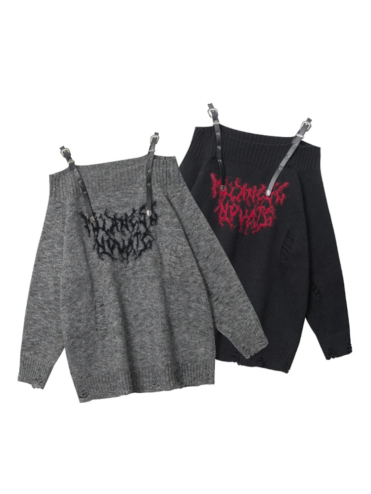 Women's Grey Pullover Knitted Sweater Harajuku 90s Aesthetic Y2k Long Sleeves Sweaters Jumper Fashion Vintage 2000s Clothes 2024