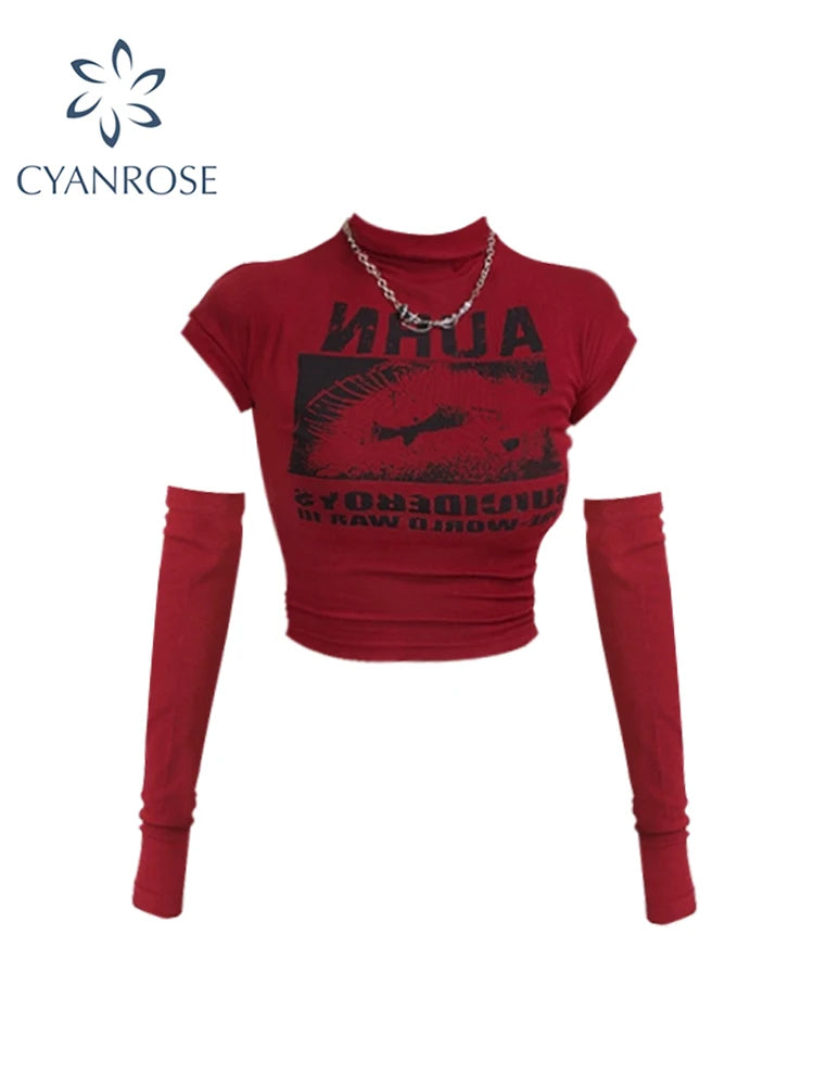 Women's Red Letter Print T-shirt Harajuku Korean Y2k Top 2000s 90s Aesthetic Grunge Vintage Removable Sleeves T-shirts Clothes