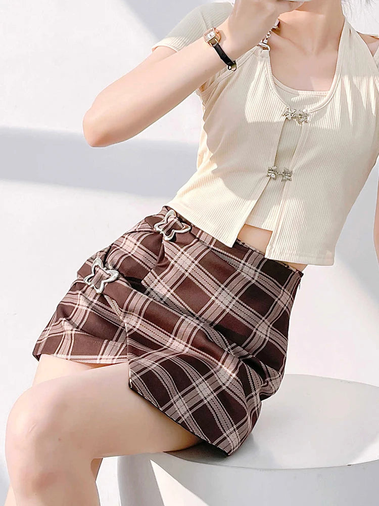 2025 New Checkered Skirt for Women's Summer New Irregular Pleated Half skirt  A-line Denim Skirt Vintage Aesthetic Y2k Skirt