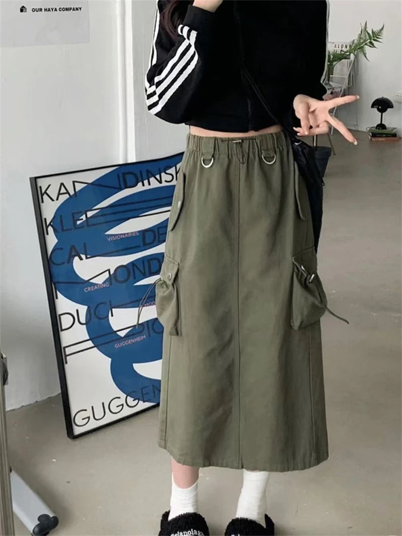 Women's Black Gothic A-line Cargo Skirt Vintage Aesthetic Streetwear Y2k Long Skirt Harajuku Korean Skirts 2000s Clothes Summer