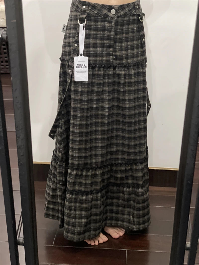 Women's Plaid A-line Skirt Vintage 90s Aesthetic Y2k Long Skirts Harajuku Korean Skirts 2000s Female Fashion Clothes Summer 2024