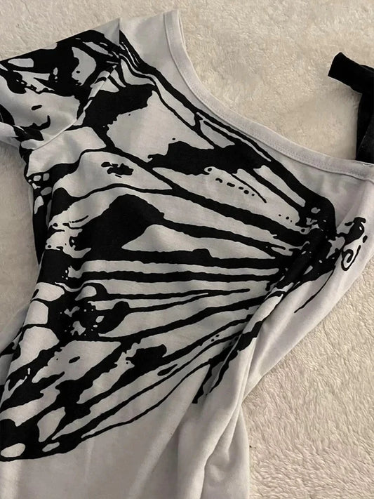 Women's T-shirt Off Shoulder Harajuku Butterfly Print Y2k Graphic Short Sleeve Tee Top Fashion Vintage Streetwear T-shirts 2025