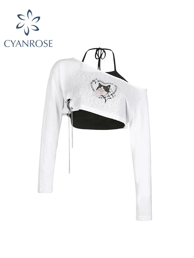 Y2k Korean Style Off Shoulder Women Casual Fashion Vintage Sexy Print T-shirt Streetwear Halter Tank Top 2 Piece 2022 New Design