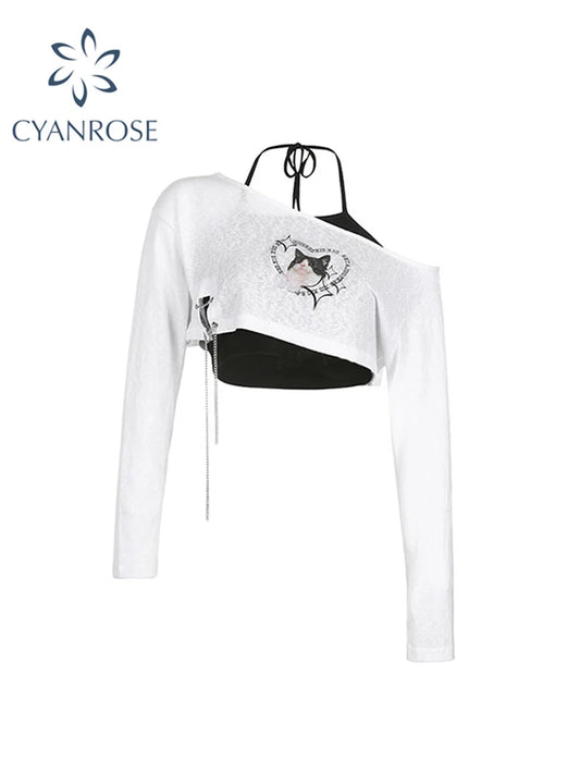 Y2k Korean Style Off Shoulder Women Casual Fashion Vintage Sexy Print T-shirt Streetwear Halter Tank Top 2 Piece 2022 New Design