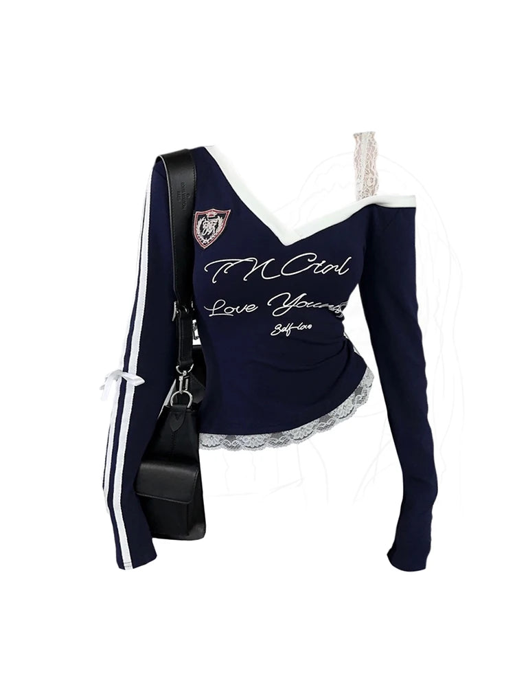 Women's Navy Lace T-shirt Harajuku Korean Y2k Tee Top Vintage 90s Off Shoulder Long Sleeve Letter Print T-shirts 2000s Clothes