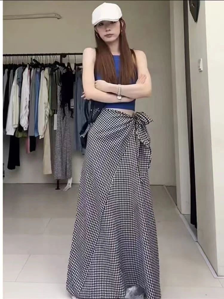 Women's A-line Plaid Skirt Vintage Aesthetic Streetwear Y2k Oversize Long Skirt Harajuku Skirt 2000s Fashion Clothes 2025 Summer