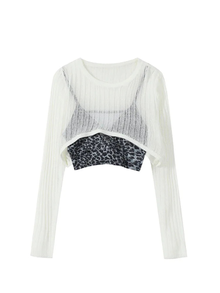 White Hollow Out Suspender Long Sleeve T-shirt Women 2022 Summer Leopard Sling Sexy Perspective Bottoming Shirt Crew Short Top