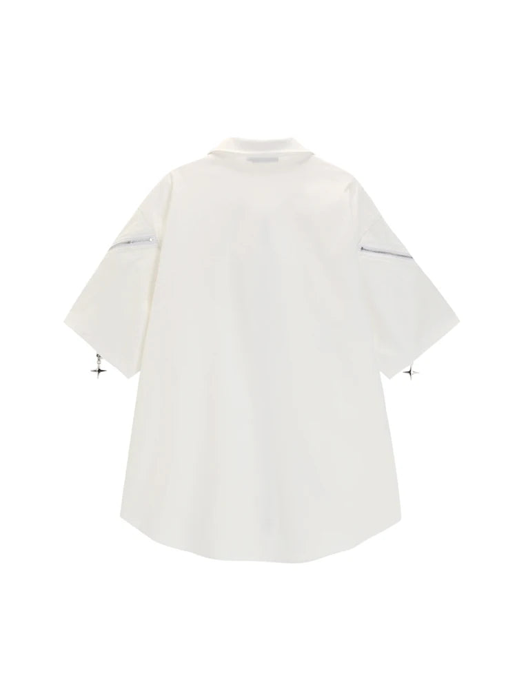 Women White Shirts and Blouses Y2k Vintage Korean Streetwear Harajuku 2000s Elegant Short Sleeve Polo-Neck Shirt Clothes Summer