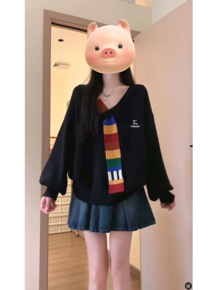 Women's Black Gothic Pullover Sweater Harajuku 90s Vintage Korean Y2k Long Sleeves Cashmere Sweaters Jumper 2000s Clothes Autumn