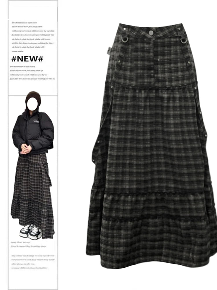 Women's Plaid A-line Skirt Vintage 90s Aesthetic Y2k Long Skirts Harajuku Korean Skirts 2000s Female Fashion Clothes Summer 2024