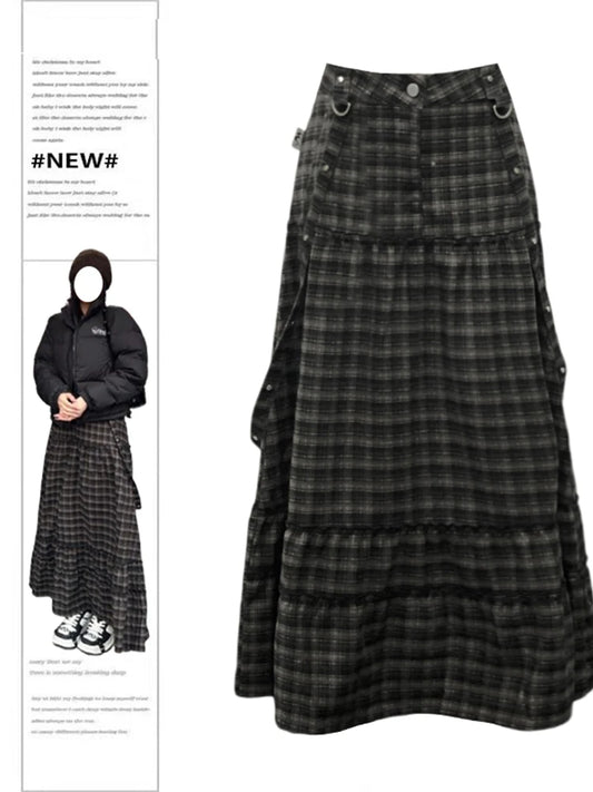 Women's Plaid A-line Skirt Vintage 90s Aesthetic Y2k Long Skirts Harajuku Korean Skirts 2000s Female Fashion Clothes Summer 2024