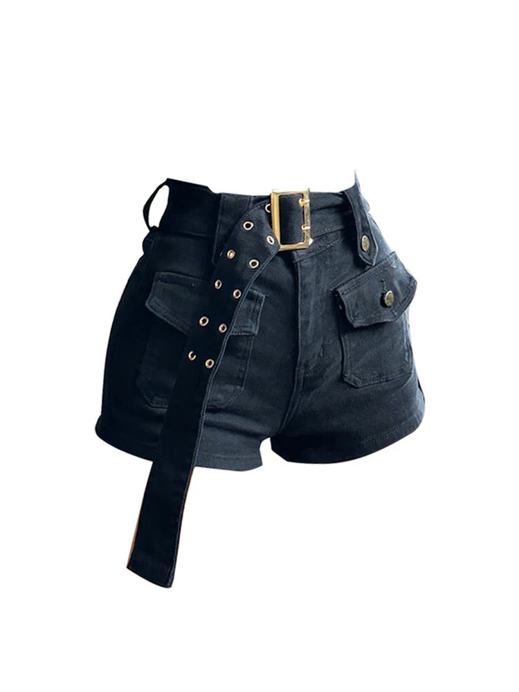 Vintage Women's Denim Shorts Hight Waisted Y2k Casual Jeans Cargo Pants Gothic Black Hot Short Jeans With Belt 2023 Summer New