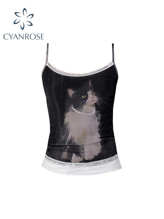 Women's Black Crop Top Vintage Y2k Camisole Cat Graffiti Print Sleeveless Off Shoulder Emo Corset Top 2000s Clothes 2024 Summer