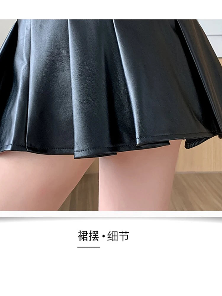 Women Leather Skirts Vintage Female Streetwear Korean High Waist Fashion Y2k Black Gothic Punk Silver A-line Pleated Mini Skirt