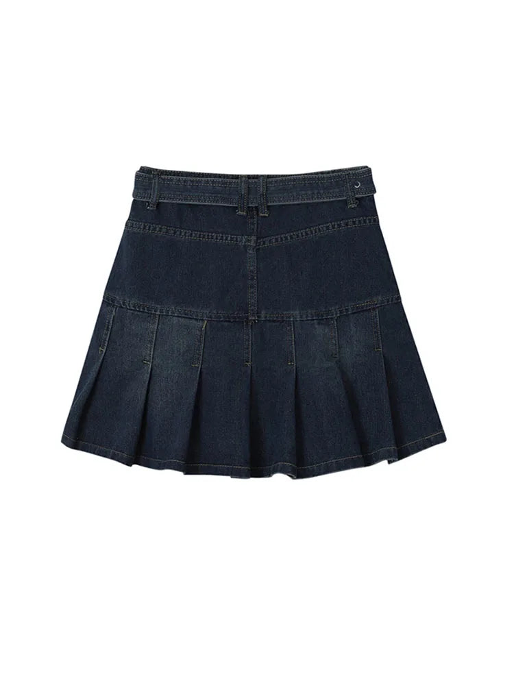 Y2k High Waist Denim Mini Pleated Skirts With Belt Women 2021 Summer Fashion Retro A Line Skirt Korean Ins Female Casual Skirts