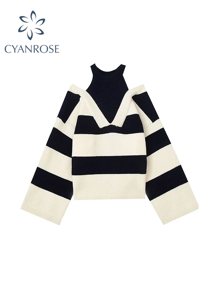 Women Sweaters Striped Fake Two Pieces Off Shoulder Slash neck Pullovers Womens Trendy 2022 Autumn Winter New Chic Knitwear Tops