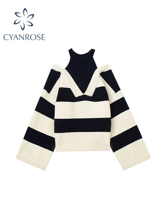 Women Sweaters Striped Fake Two Pieces Off Shoulder Slash neck Pullovers Womens Trendy 2022 Autumn Winter New Chic Knitwear Tops