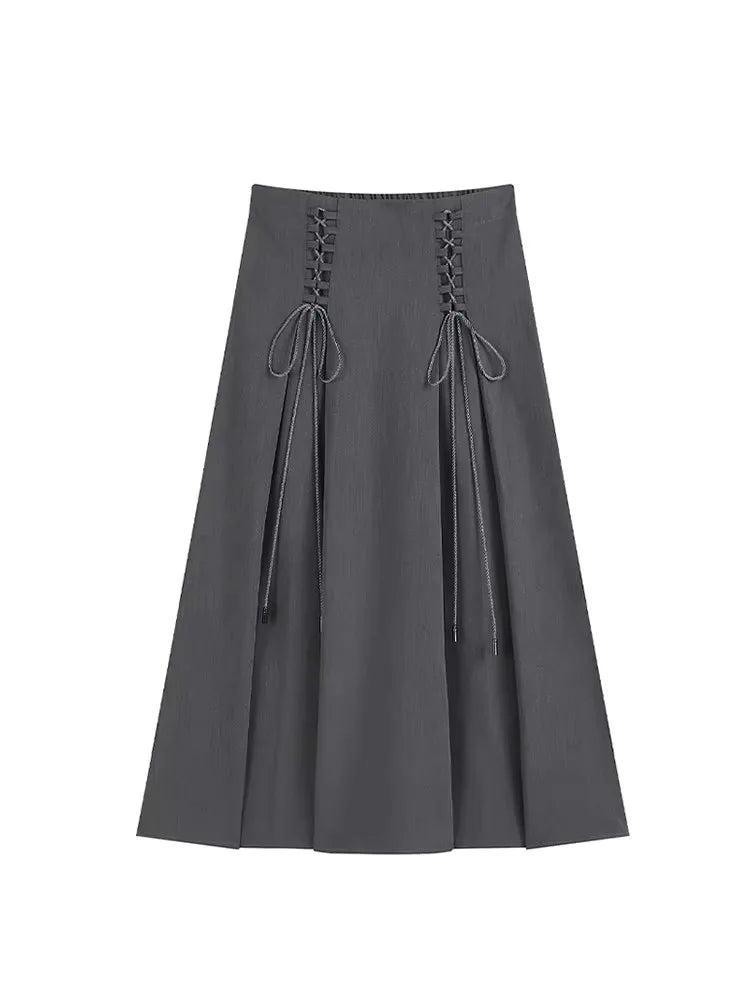 Female Vintage y2k Long Skirts Lace Up High Waisted Straight Skirts Autumn Women All-match Korean Style Elegant Party Trendy