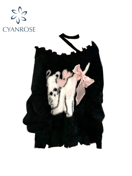 Women's Black Gothic Pullover Knitted Sweater Elegant Harajuku Y2k Long Sleeves Oversize Sweaters Jumper Vintage 2000s Clothes