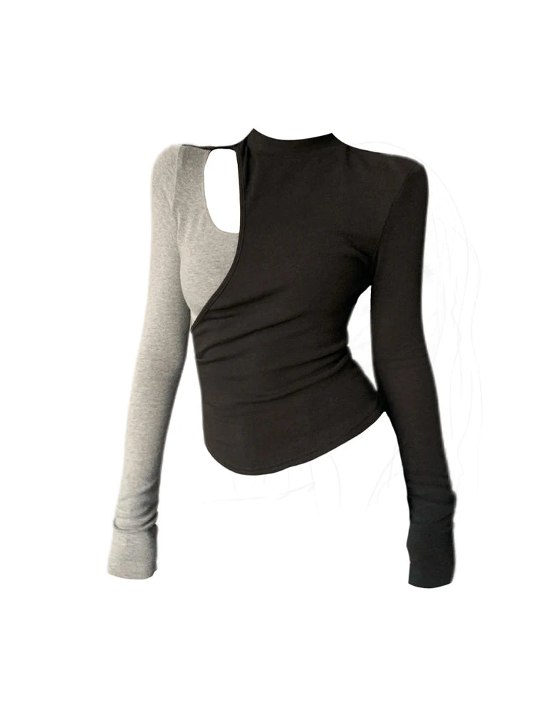 Women Black Grey Patchwork T-shirt Harajuku Korean Y2k Vintage 90s Tee Tops Long Sleeve Slim T-shirts 2000s Emo Coquette Clothes