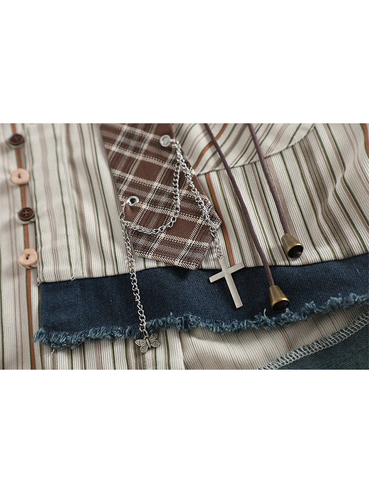 Women's Striped Shirts Blouses Y2k Aesthetic Streetwear Vintage Korean 2000s Elegant Long Sleeve Polo-Neck Shirt Clothes Summer