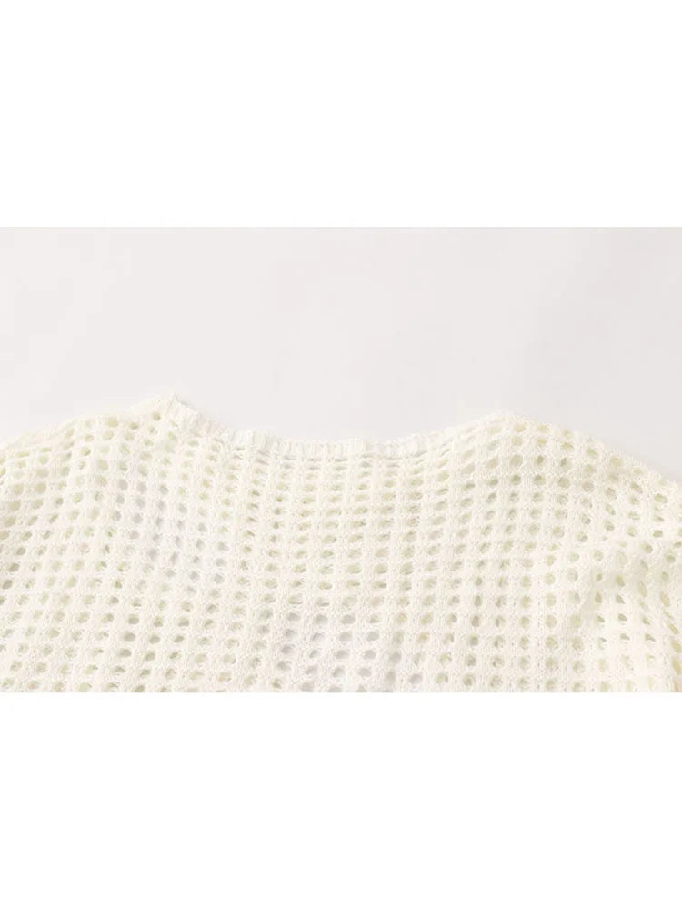 Women Knit O-Neck Pullovers Vintage Loose Long Sleeve Hollow Out Tops Summer Ladies Casual Y2K Clothes Shirts Sweater Knitwear