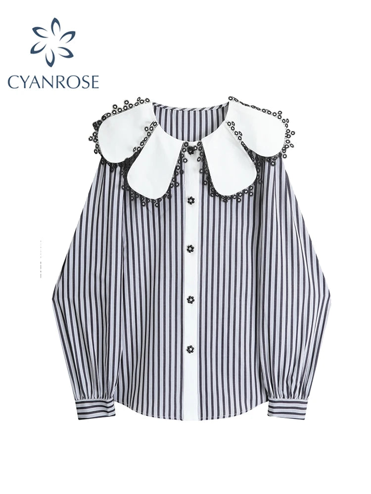 Women's Striped Blouse Shirt Tops Korean Vintage Fashion Shirt Y2k Kawaii Peter Pan Collar Long Sleeve Shirt Ladies Autumn 2023