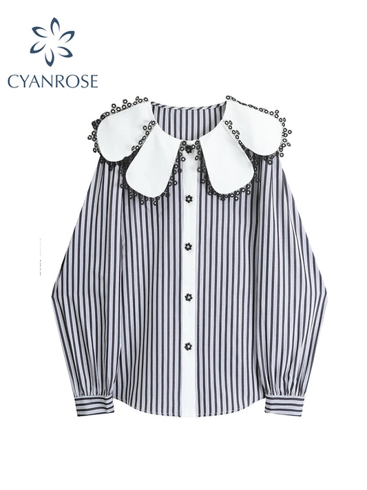 Women's Striped Blouse Shirt Tops Korean Vintage Fashion Shirt Y2k Kawaii Peter Pan Collar Long Sleeve Shirt Ladies Autumn 2023