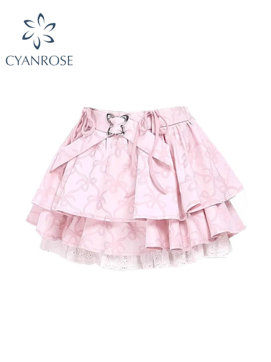 Women Pink A-line Skirt Vintage 90s Aesthetic Y2k Mini Pleated Skirt Harajuku Kawaii Lolita Skirt 2000s Cutecore Clothes Summer