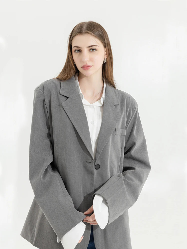 Grey Blazer Coat Women Korean Casual Loose 2022 Autumn Oversized Single-breasted Turndown Collar Long Sleeve Suit Jacket Female