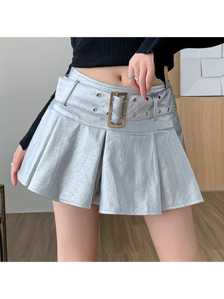 Women Leather Skirts Vintage Female Streetwear Korean High Waist Fashion Y2k Black Gothic Punk Silver A-line Pleated Mini Skirt
