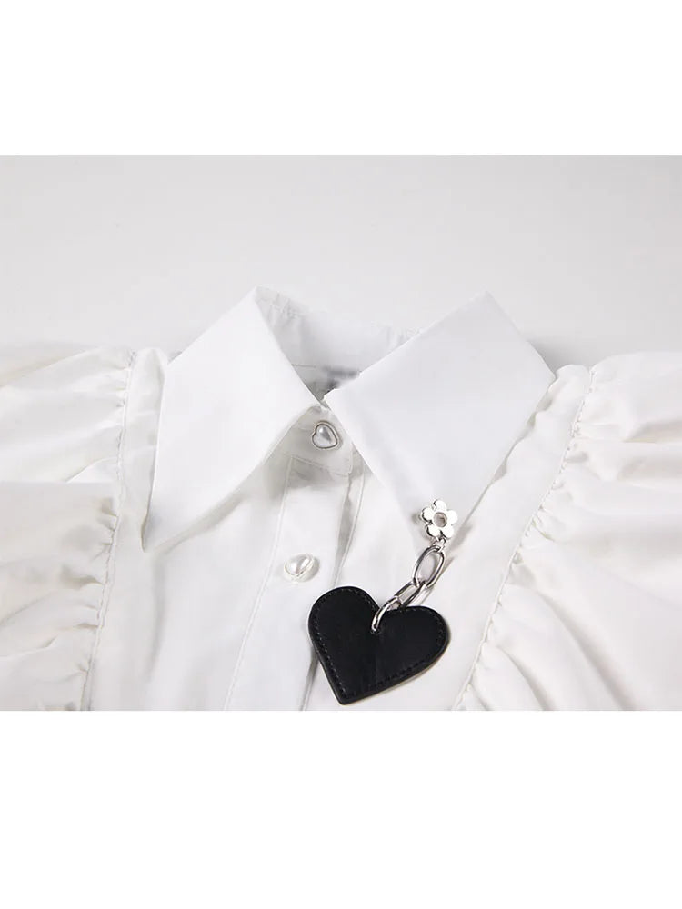 Women's 2025 Autumn Vintage Blouse - Tiered Ruffles & Heart Bubble Sleeve with Auricular Edge White Romantic Top