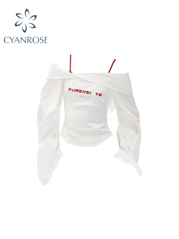 Women's White Patchwork T-shirt Harajuku Korean Y2k Tee Top Vintage 90s Aesthetic Long Sleeve T-shirt 2000s Fashion Clothes 2024