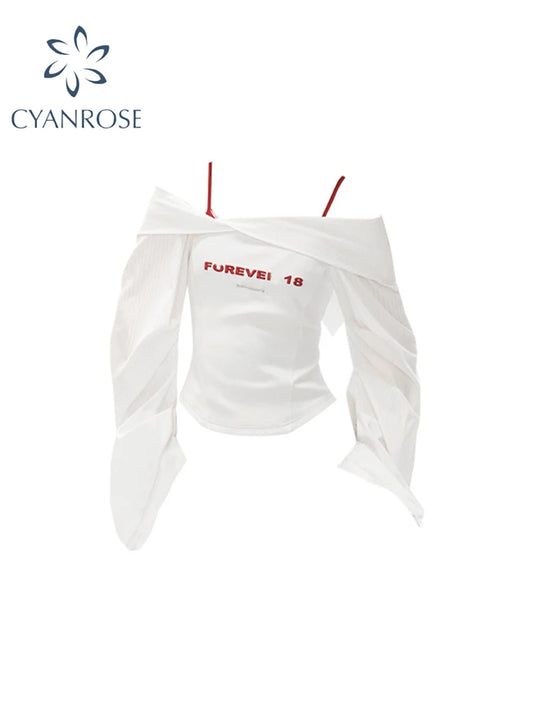 Women's White Patchwork T-shirt Harajuku Korean Y2k Tee Top Vintage 90s Aesthetic Long Sleeve T-shirt 2000s Fashion Clothes 2024