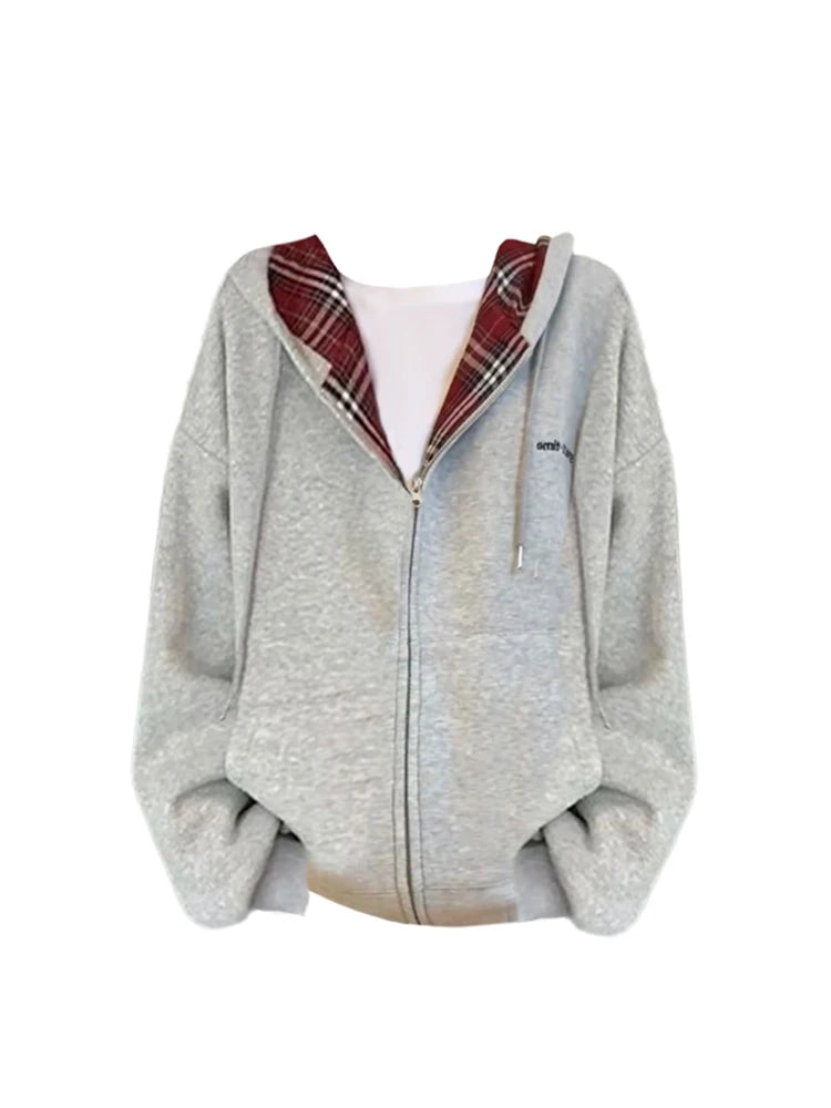 Women's Grey Sweatshirt Vintage Streetwear Korean Fashion Harajuku 90s Aesthetic Red Plaid Hoodies Sweatshirt Top Clothes Autumn