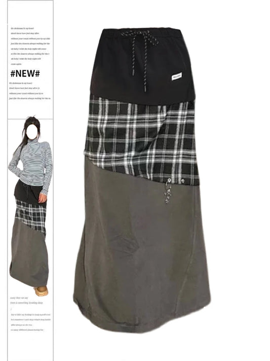 Women's Patchwork A-line Skirt Vintage 90s Aesthetic Streetwear Y2k Long Oversize Skirt Harajuku Korean Skirts Emo 2000s Clothes