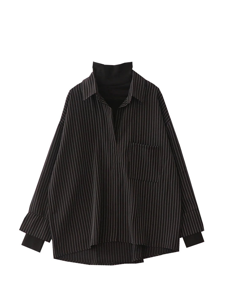 Fake Two Piece Striped Shirt Women Patchwork Knitted Turtleneck 2022 Autumn Winter Long Sleeve Casual Loose Female Blouse Tops