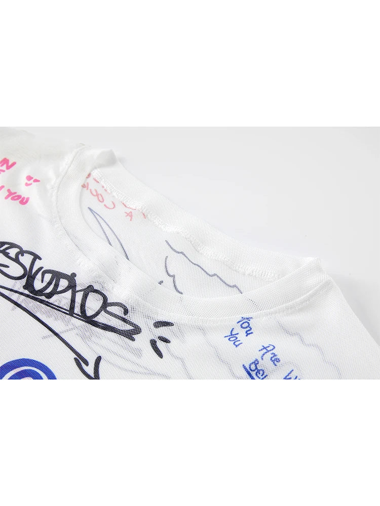 Women's Graphic Print T-shirt Harajuku Korean Style 90s Y2k Tee Top 2000s Aesthetic Vintage T-shirts 2023 Grunge Clothes Autumn