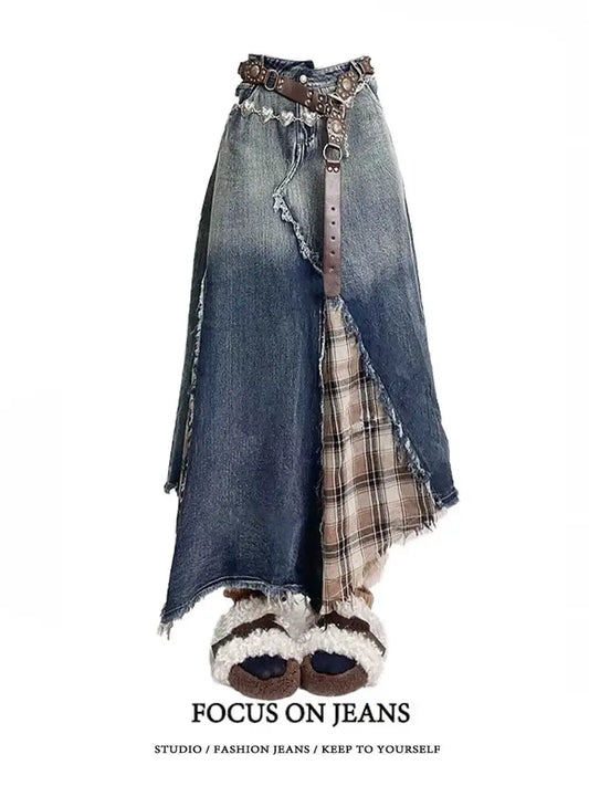 Women's Patchwork A-line Jeans Skirt Vintage 90s Streetwear Y2k Long Oversize Skirt Harajuku Korean Denim Skirts 2000s Clothes