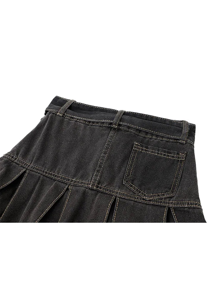 2022 Spring Women's High Waist Denim Mini Pleated Skirt Harajuku Streetwear Vintage Loose Casual Ladies Y2K A-line Short Skirts