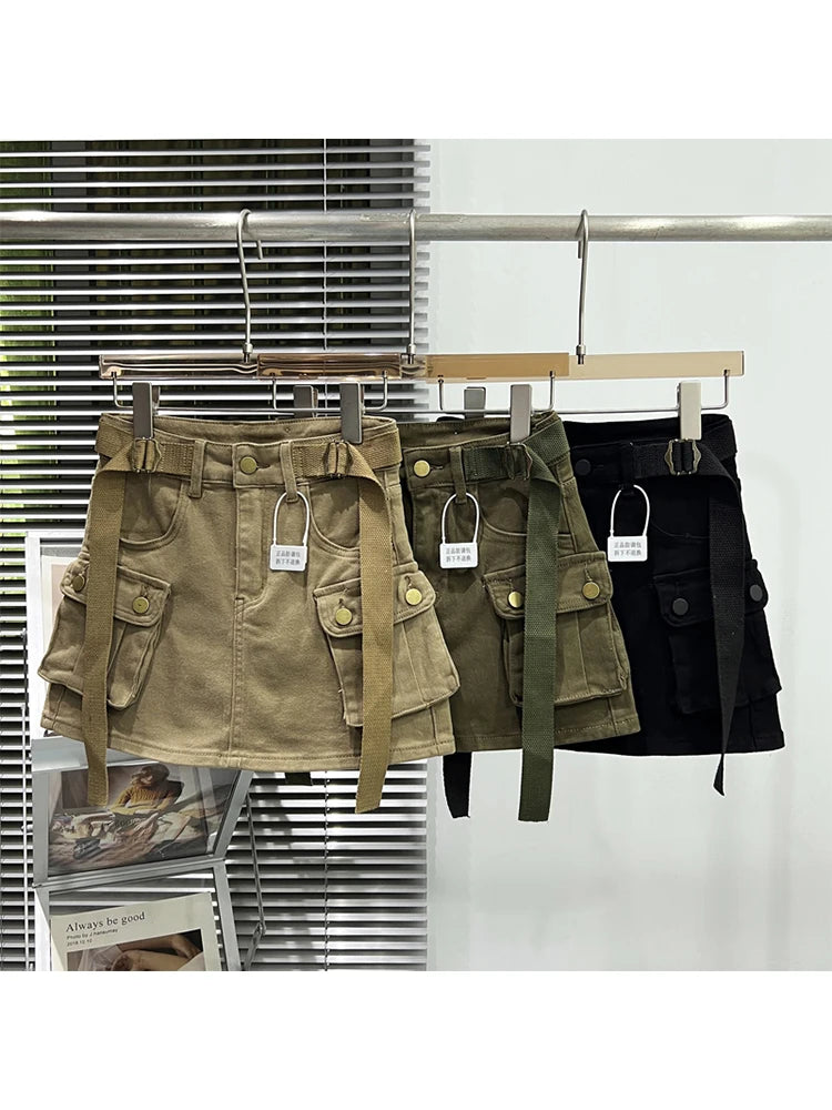 Women Denim Cargo A-line Skirt Vintage Y2k Khaki Skirt Harajuku Korean Streetwear Fashion A-line Skirts Emo 2000s Trashy Clothes